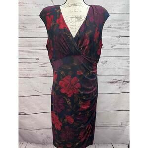 Lauren Ralph Lauren Pink Black VNeck‎ Ruched Floral Dress Size 16
